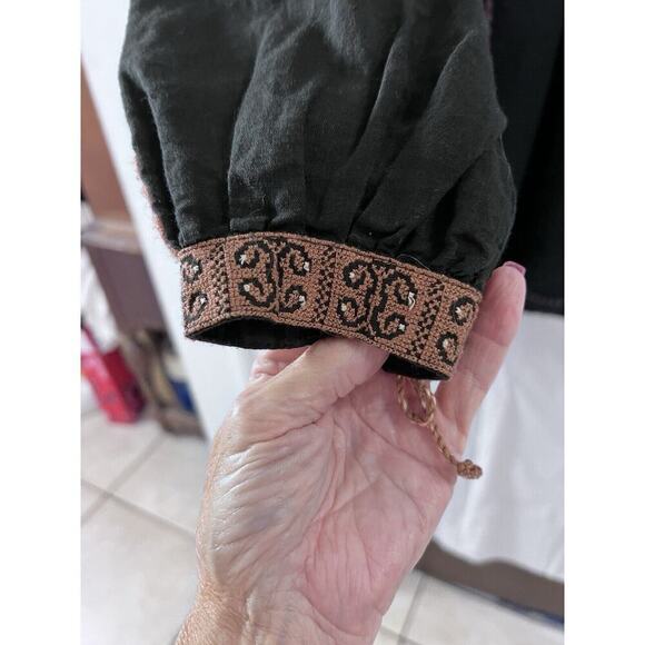 Free People Black Brown Embroidered Peasant Top Oversized Linen Blend Xs Boho - Picture 3 of 8